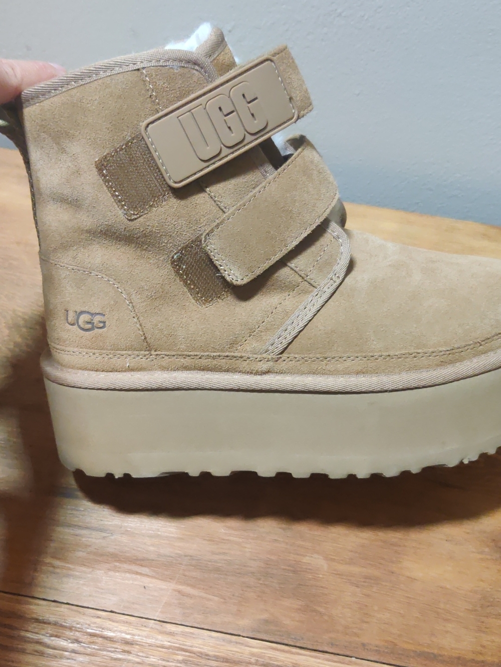 UGG Tan Suede Platform Ankle Boot with Velcro Straps